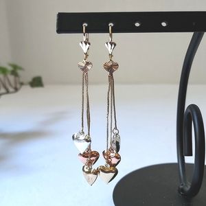 Tri Color Gold Dangle Heart Earrings